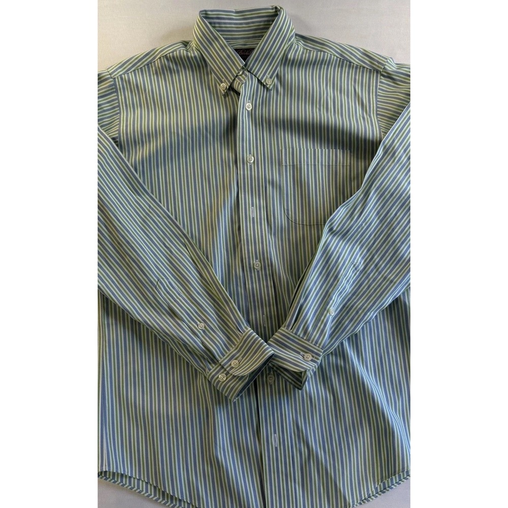 Brooks Brothers Men's L Blue/Green/White Striped Cotton Non-Iron Dress Shirt